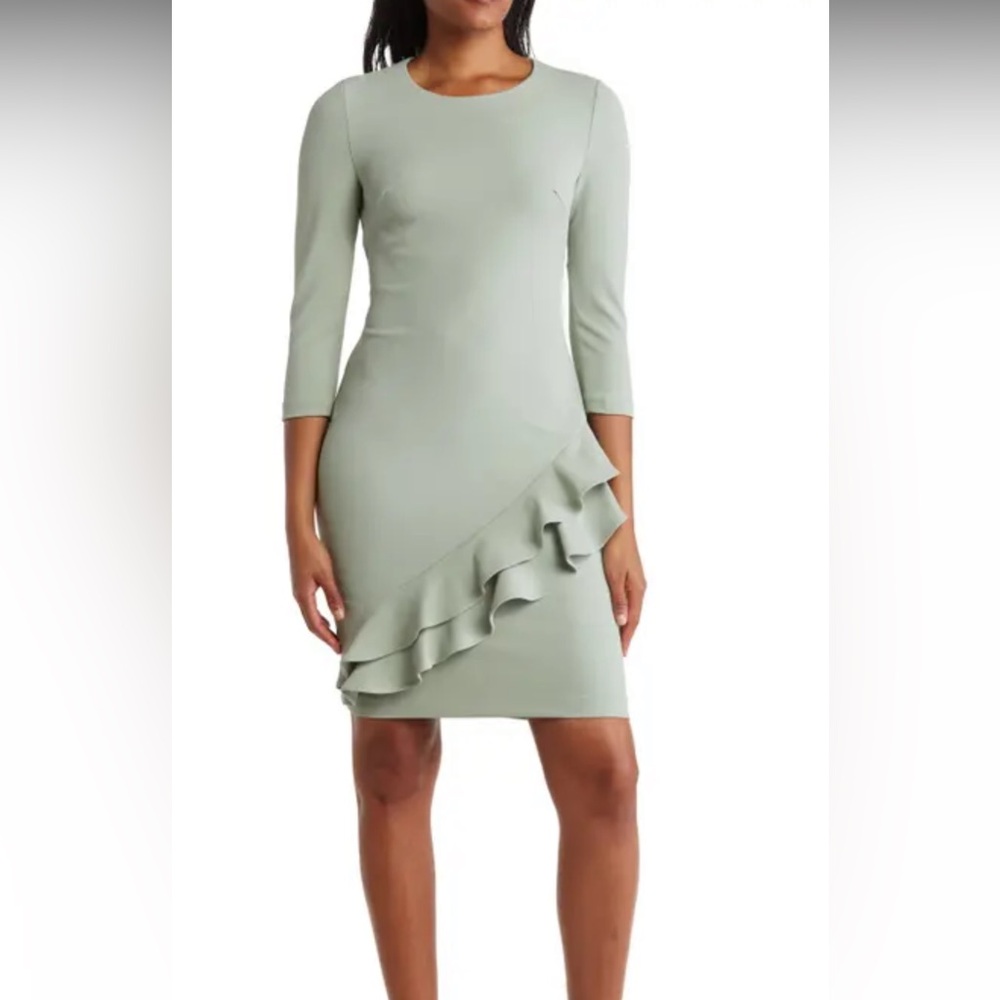 Calvin Klein Elbow Sleeve Ruffle Sheath Dress in Jadeite